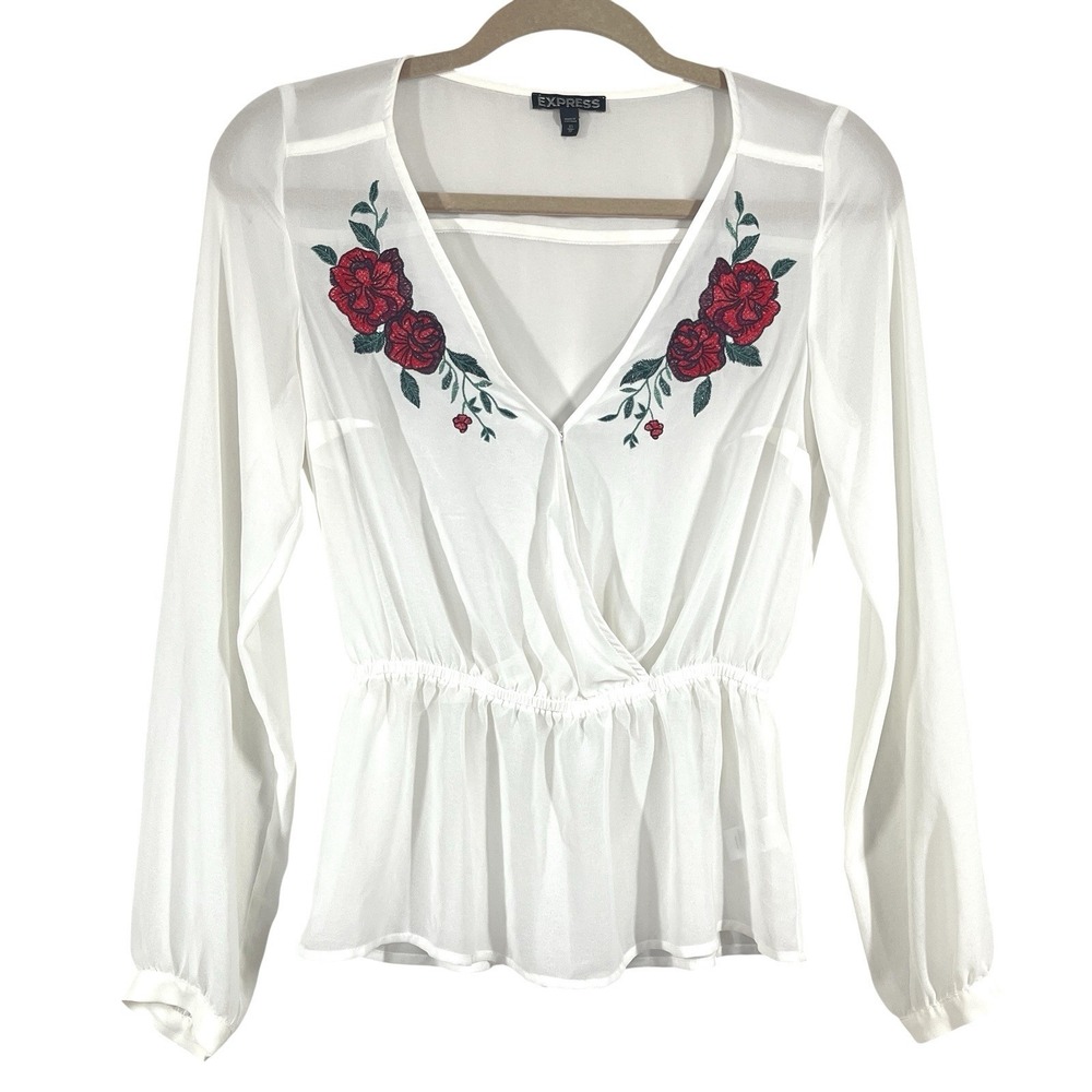 Express Sheer Peplum Blouse Womens XS Ivory Embroidered Roses Deep V Neck Whimsy